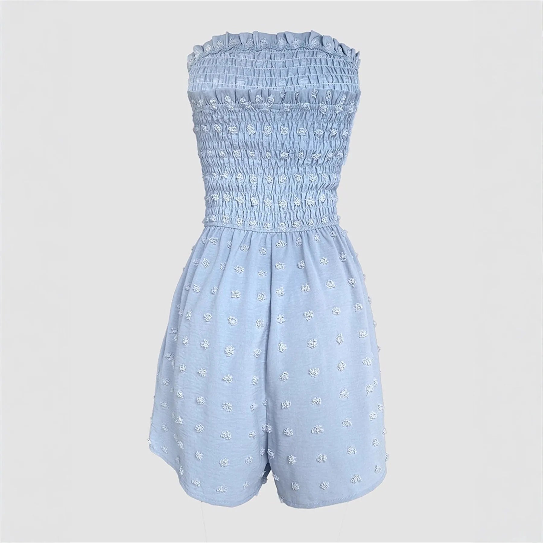 Women's solid colour off-shoulder jumpsuit in polyester fabric showing sleeveless design and mid waist fit