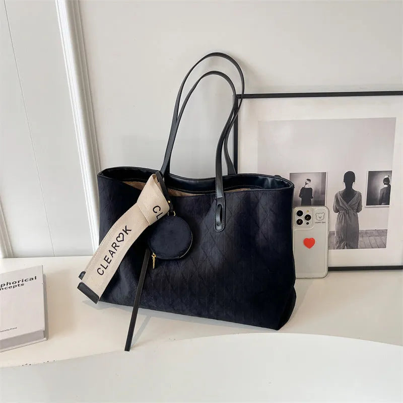 Soft polyester large capacity shoulder tote bag with multiple compartments in horizontal square shape