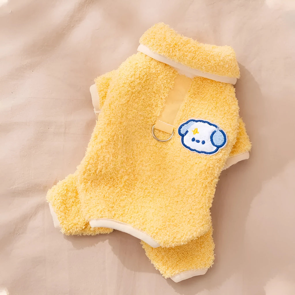 Yellow thick plush winter dog pajamas one-piece suit cartoon style for small dogs