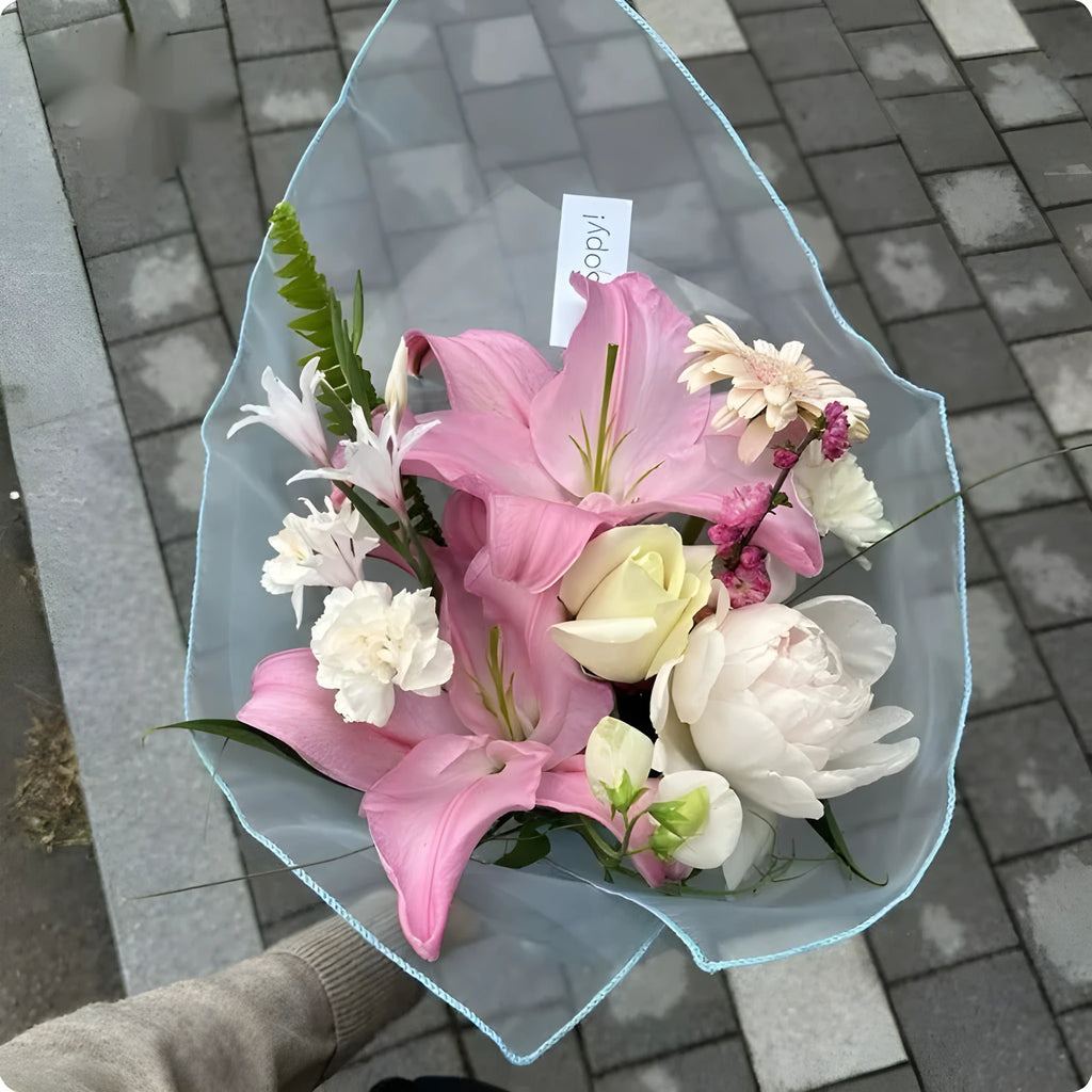Arabesquitic silk flower bouquet bag in blue colour showing textured fabric surface