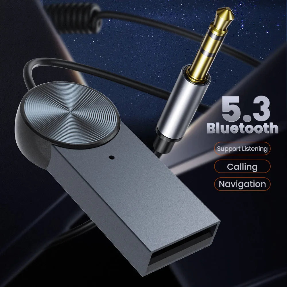 New AUX car Bluetooth sound receiver in black aluminium alloy with USB AUX interface and 35-100cm cable