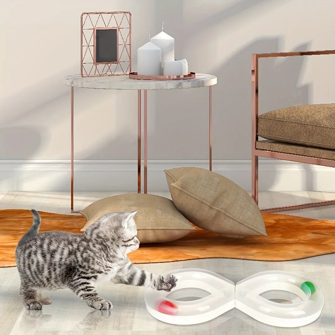 Blue and white cat toy set with turntable track ball system, teasing stick, and multiple balls