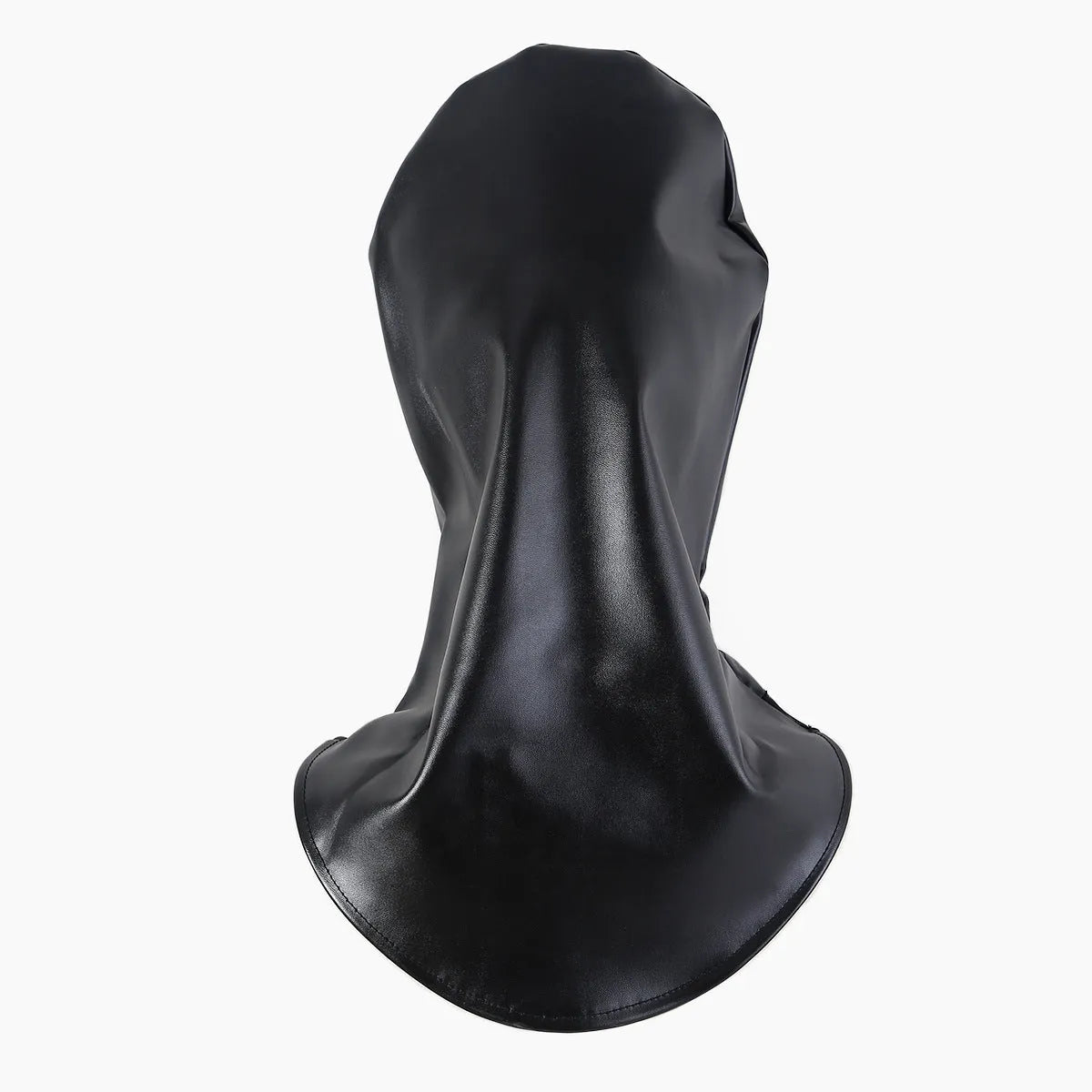 Black PU leather bondage mask with adjustable straps and ventilation holes for breathable training use