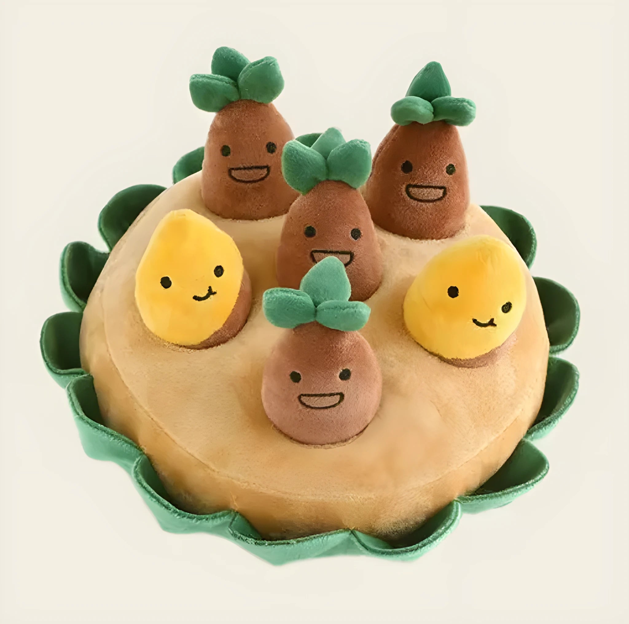 Yellow interactive dog puzzle toys with removable squeaky plush on polyester foraging mats