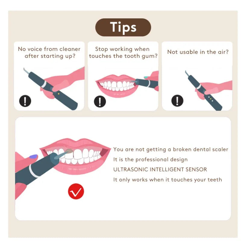 Gold coloured ultrasonic tooth cleaning device for removing tartar and stains.