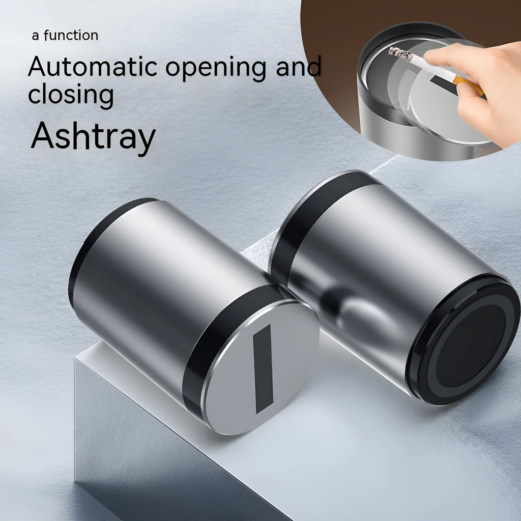 Silver intelligent induction ashtray with automatic lid on a car centre console