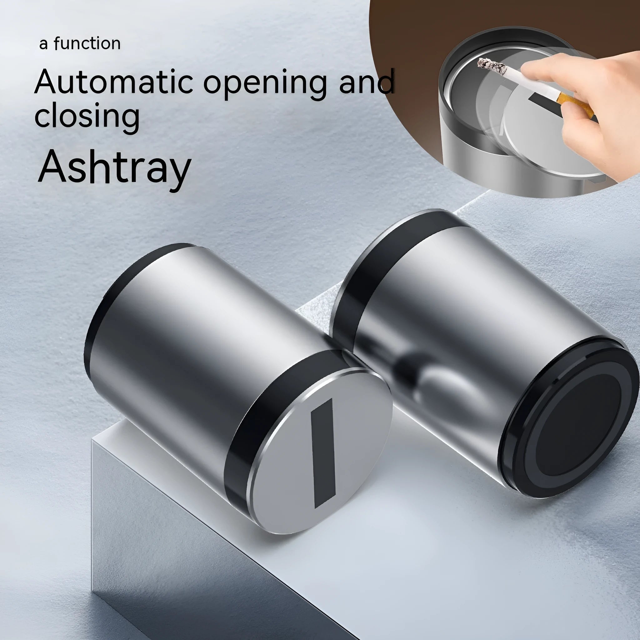 Silver intelligent induction ashtray with automatic lid on a car centre console