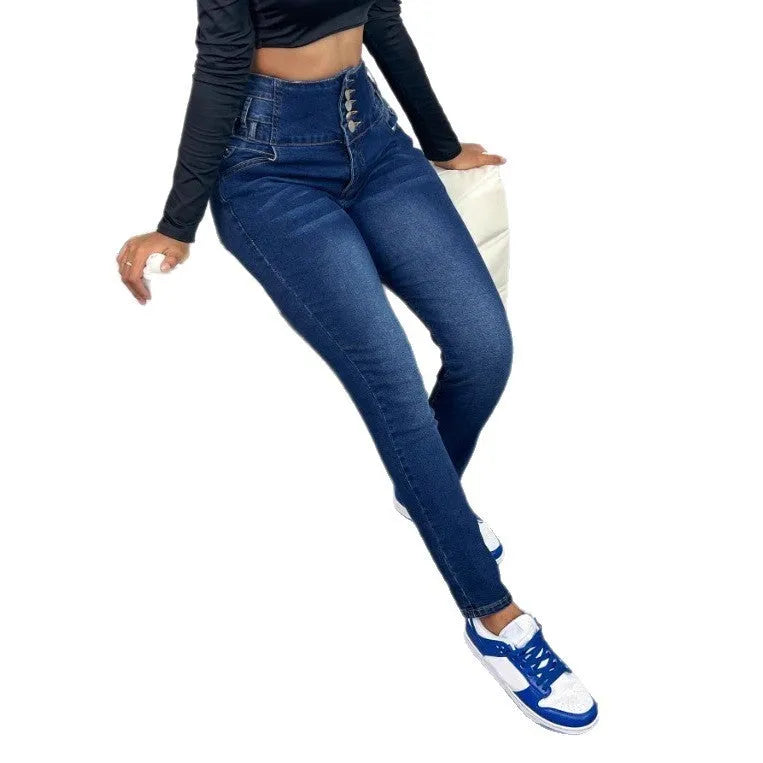Women's dark blue denim straight-leg trousers with button details and zip fastening