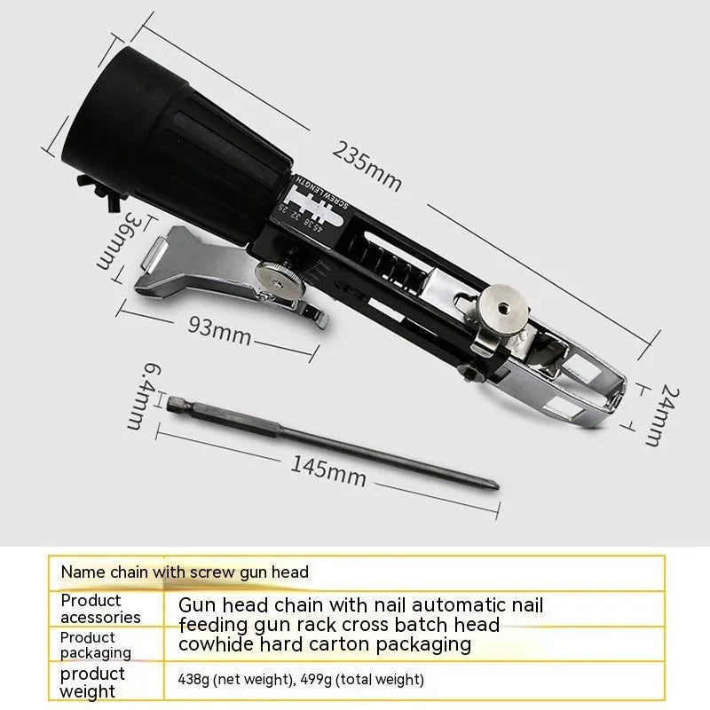 Metal chain screw gun head attachment for electric screwdrivers with cross head and gun rack