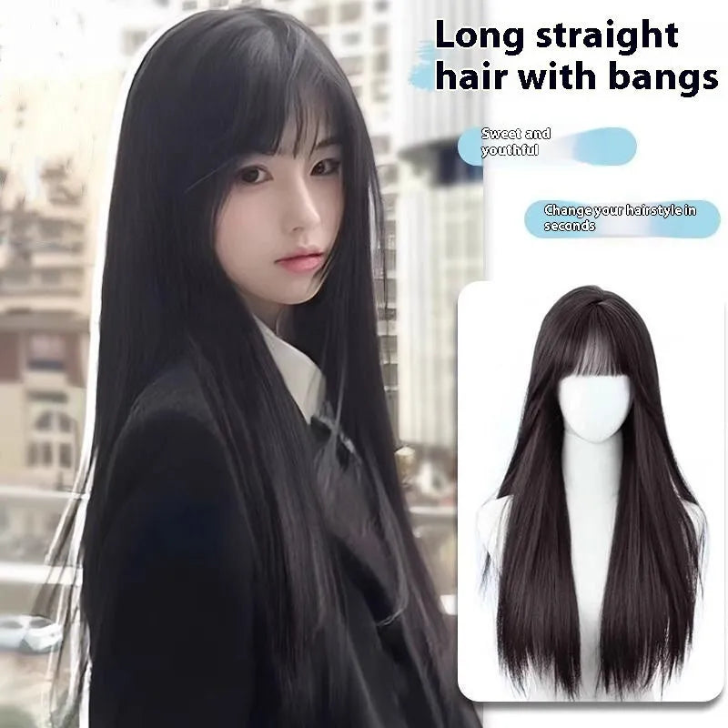 Straight black synthetic wig with fringe options and built-in headband for women