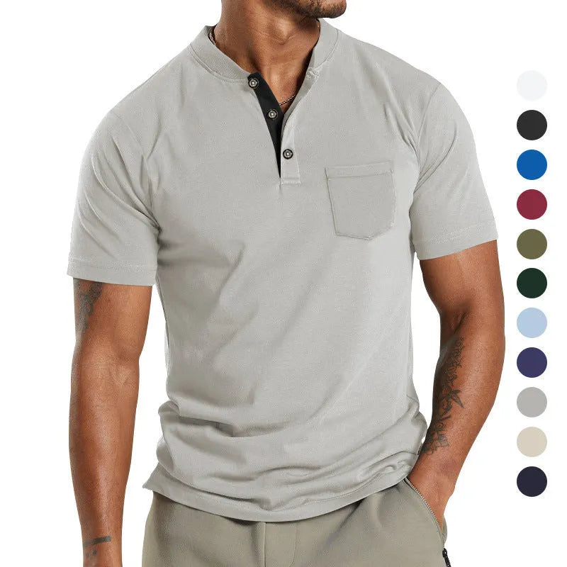 Men's plus size short sleeve button-up shirt in light grey polyester fabric with a chest pocket.