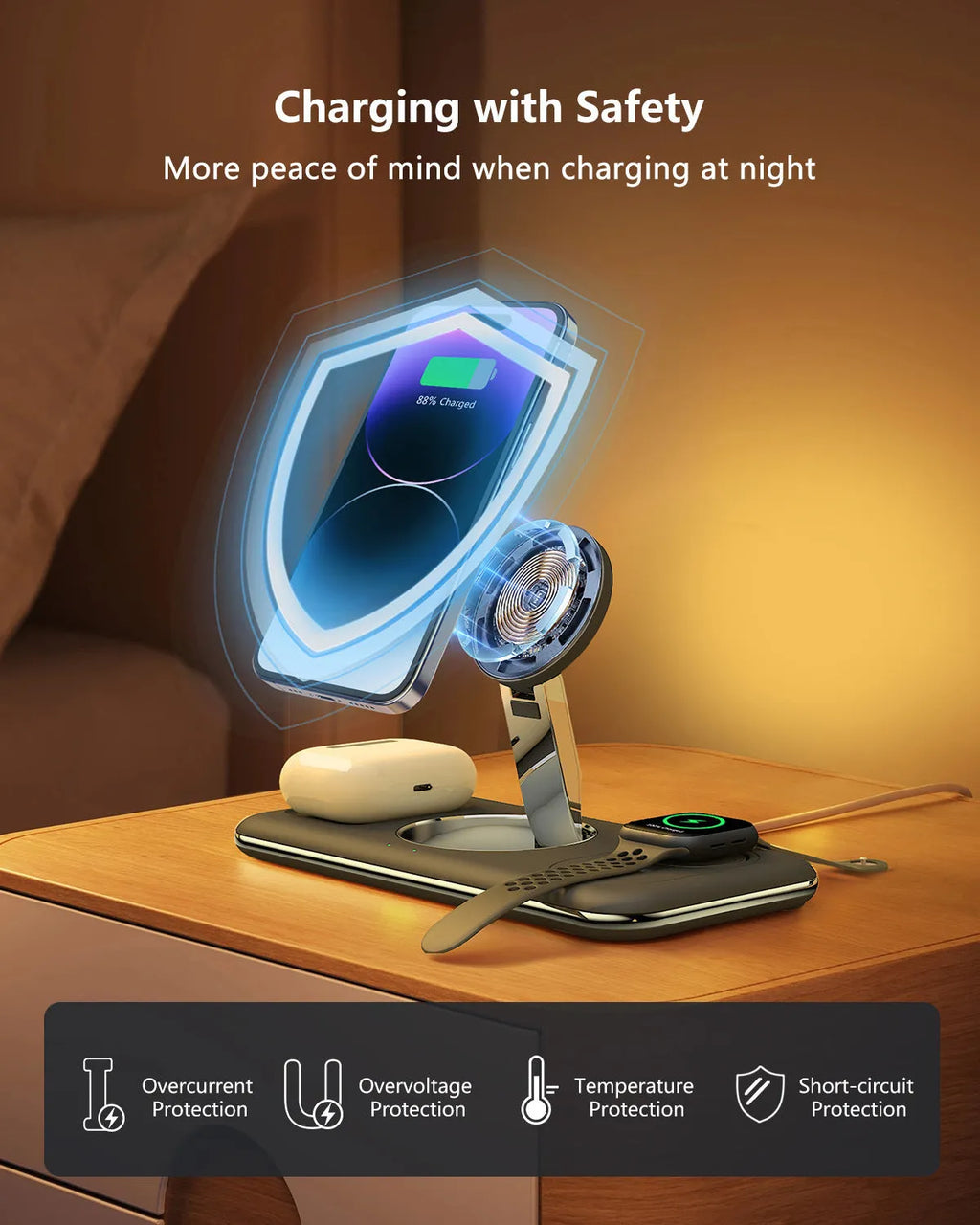 Folding magnetic wireless charger desktop bracket in white with phone charging in upright position