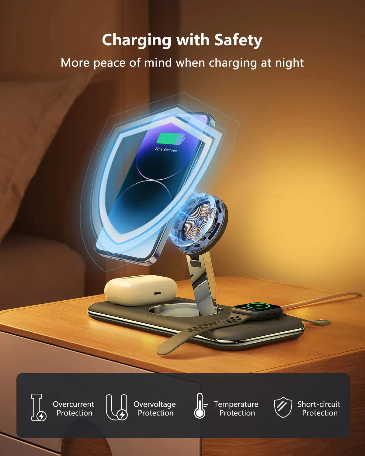 Folding magnetic wireless charger desktop bracket in white with phone charging in upright position