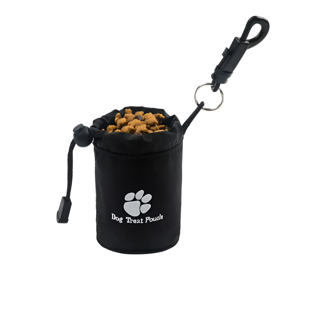 Mini nylon pet snack training bag in solid colours: black, blue, green, and red.