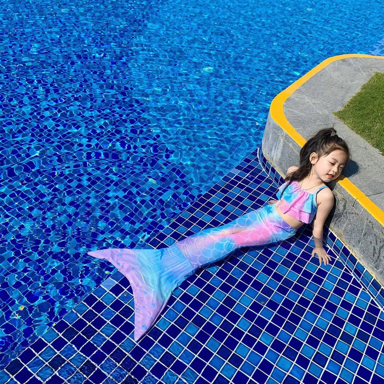 Children's swimsuit bikini with fish tail skirt in dark pink, polyester fabric, sizes 90-160