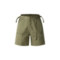 Retro loose-fit washed cotton workwear shorts for men and women on a hanger, showing zip fly and fifth-pants length.