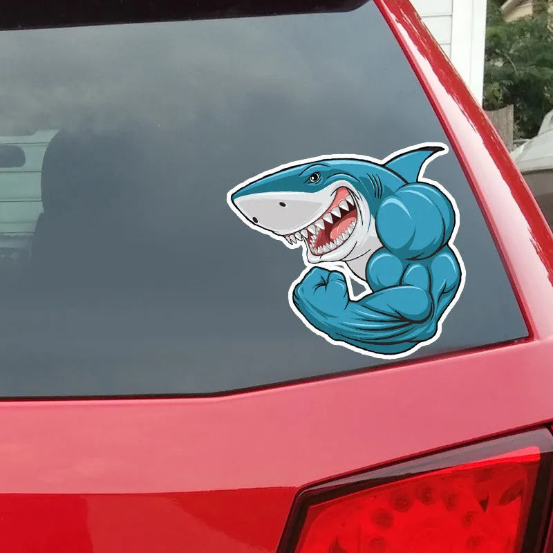 Creative bodybuilding shark 3D cartoon PVC bumper sticker 15x14cm reflective colour on car bumper