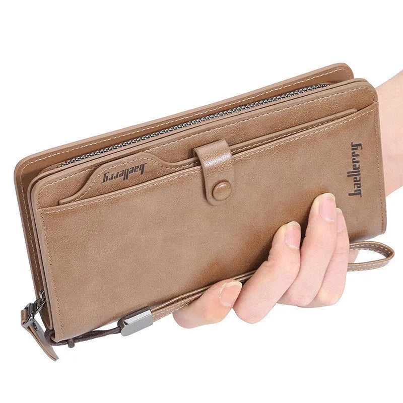 Men's retro soft PU leather multifunction phone bag wallet in brown with zippered pockets and card slots
