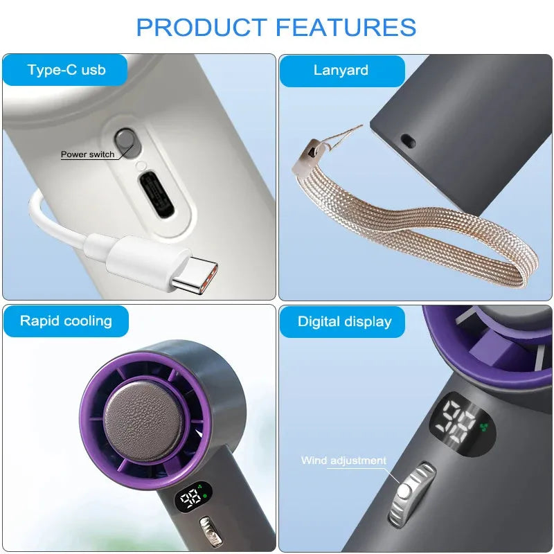 Portable handheld turbo fan with semiconductor cooling, 3000mAh battery, 58x60.5x170mm, in white