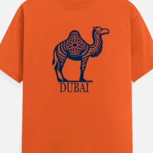Orange loose-fit cotton T-shirt with short sleeves and a round neck on a hanger.