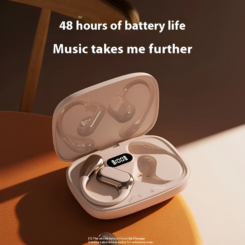 Q11 ear hook Bluetooth headset in Supreme Enamel White with digital display showing battery level