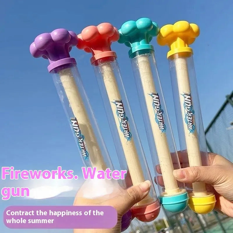 Blue 27cm plastic pull-out water gun toy on white background