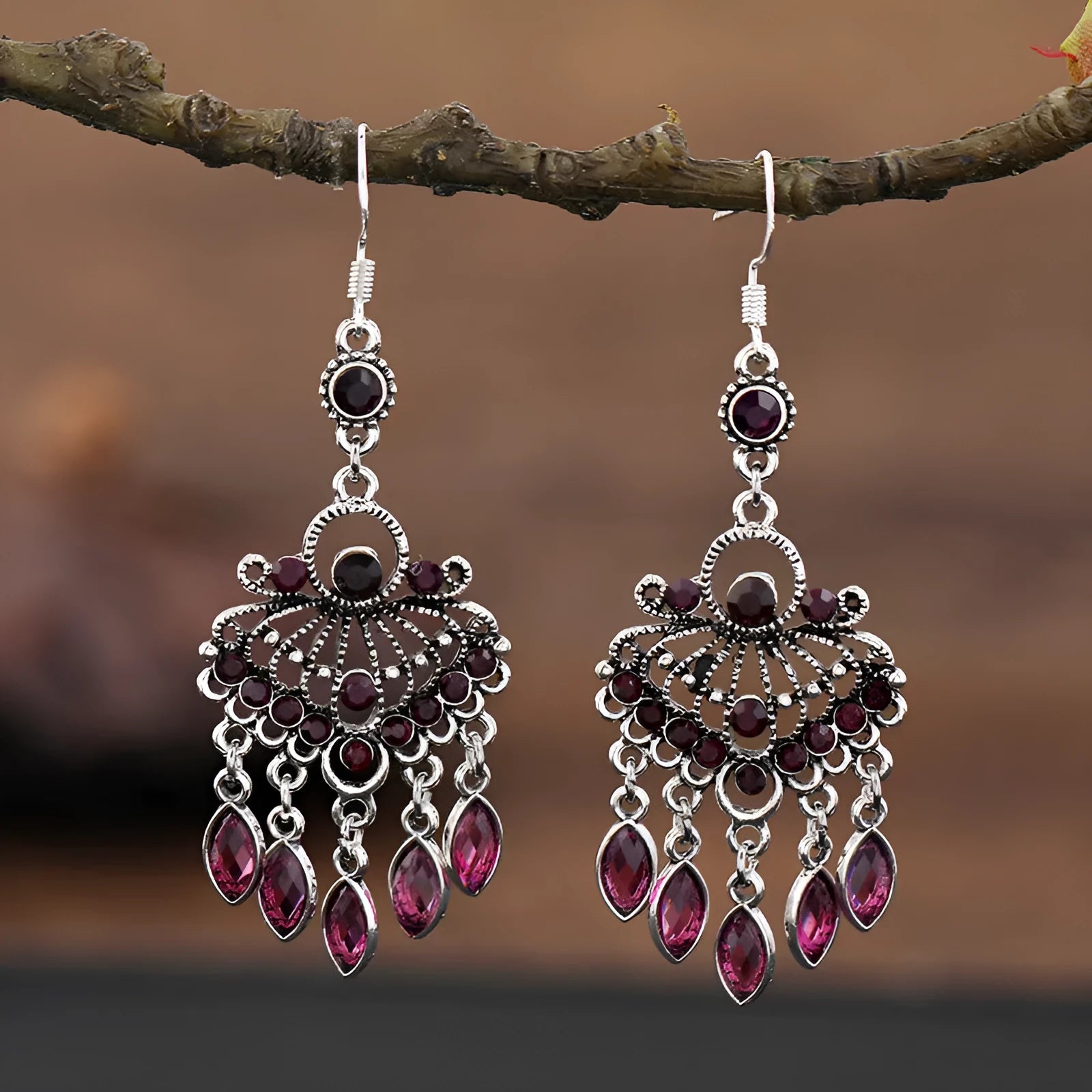 Smart water drop purple retro crystal long fringe earrings with 20-24cm drop shape and ethnic style