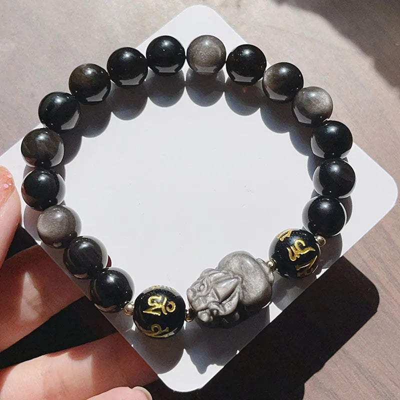 Men's natural silver stone bracelet with Chinese zodiac beads and adjustable fastening