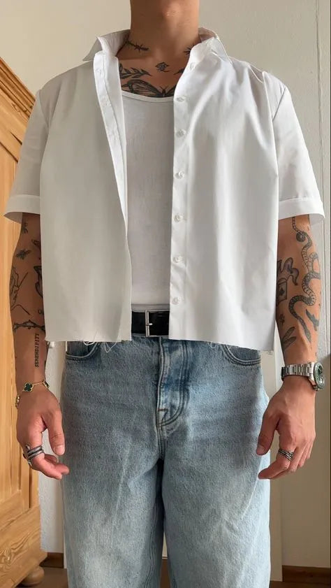 White men's cropped short sleeve polyester shirt with plain design and regular fit