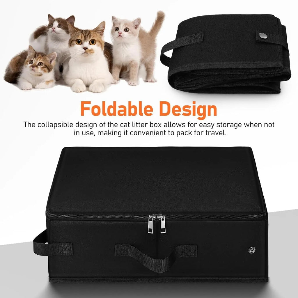 Black 600D Oxford cloth folding cat litter box open on floor showing 40x30x15cm size