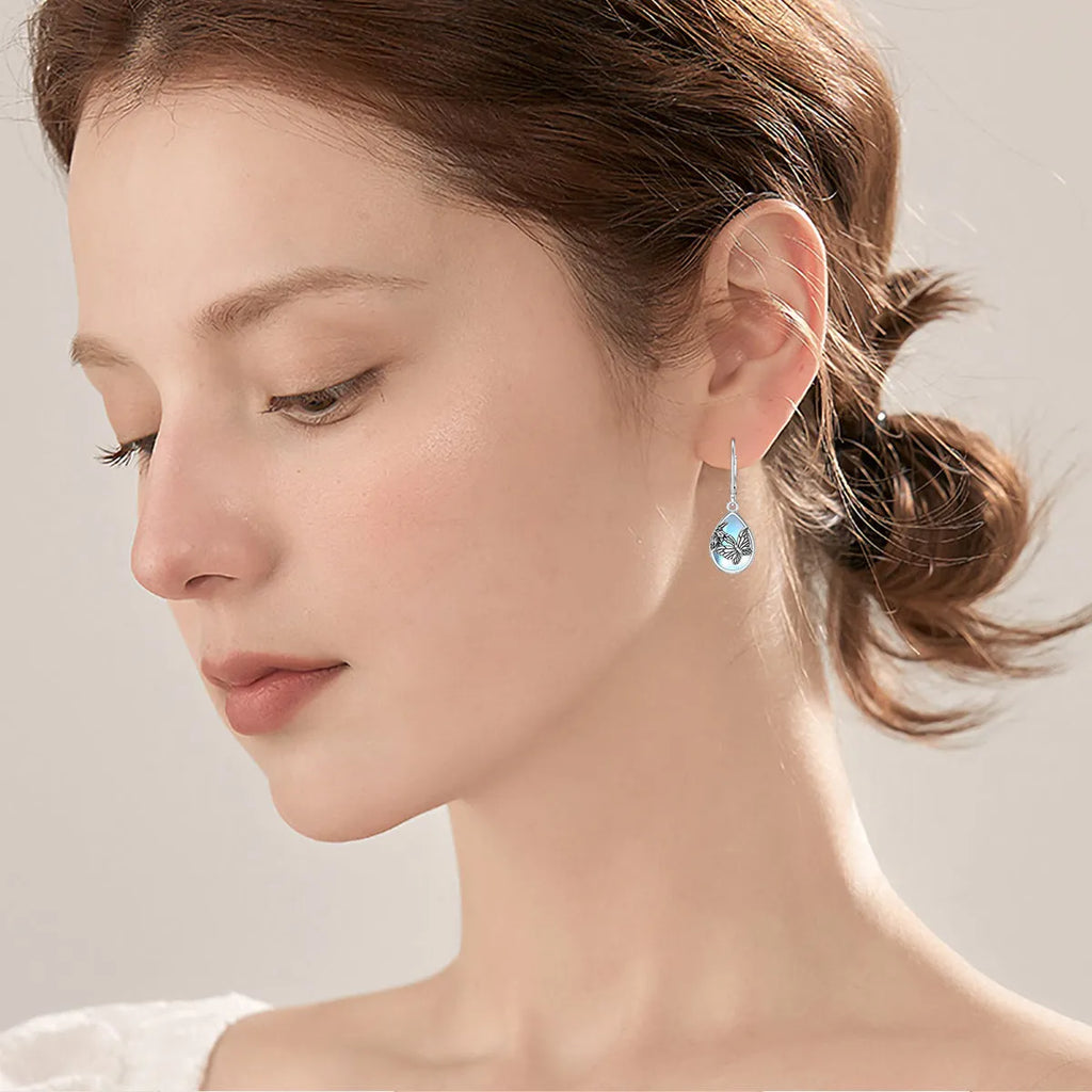 925 sterling silver butterfly leverback earrings with moonstone gemstone, silver colour, for women