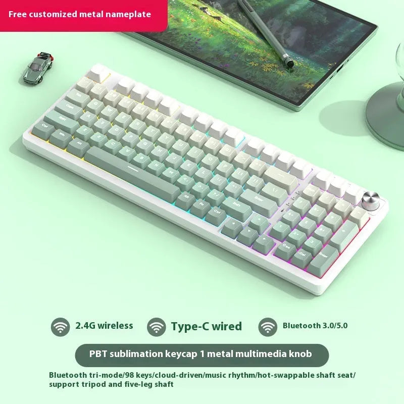 98-key wireless Bluetooth mechanical keyboard kit with metal knob and multiple colour background options