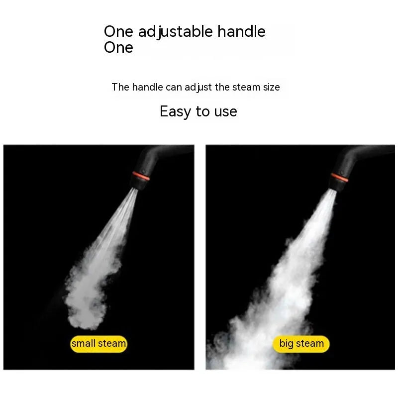 Yellow handheld steam cleaning machine with copper and plastic body on plain background