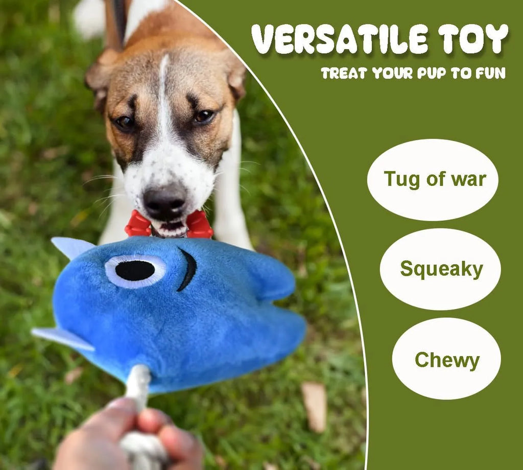 Blue and green plush dog toys with cotton rope segments and squeaker for chewing and tugging