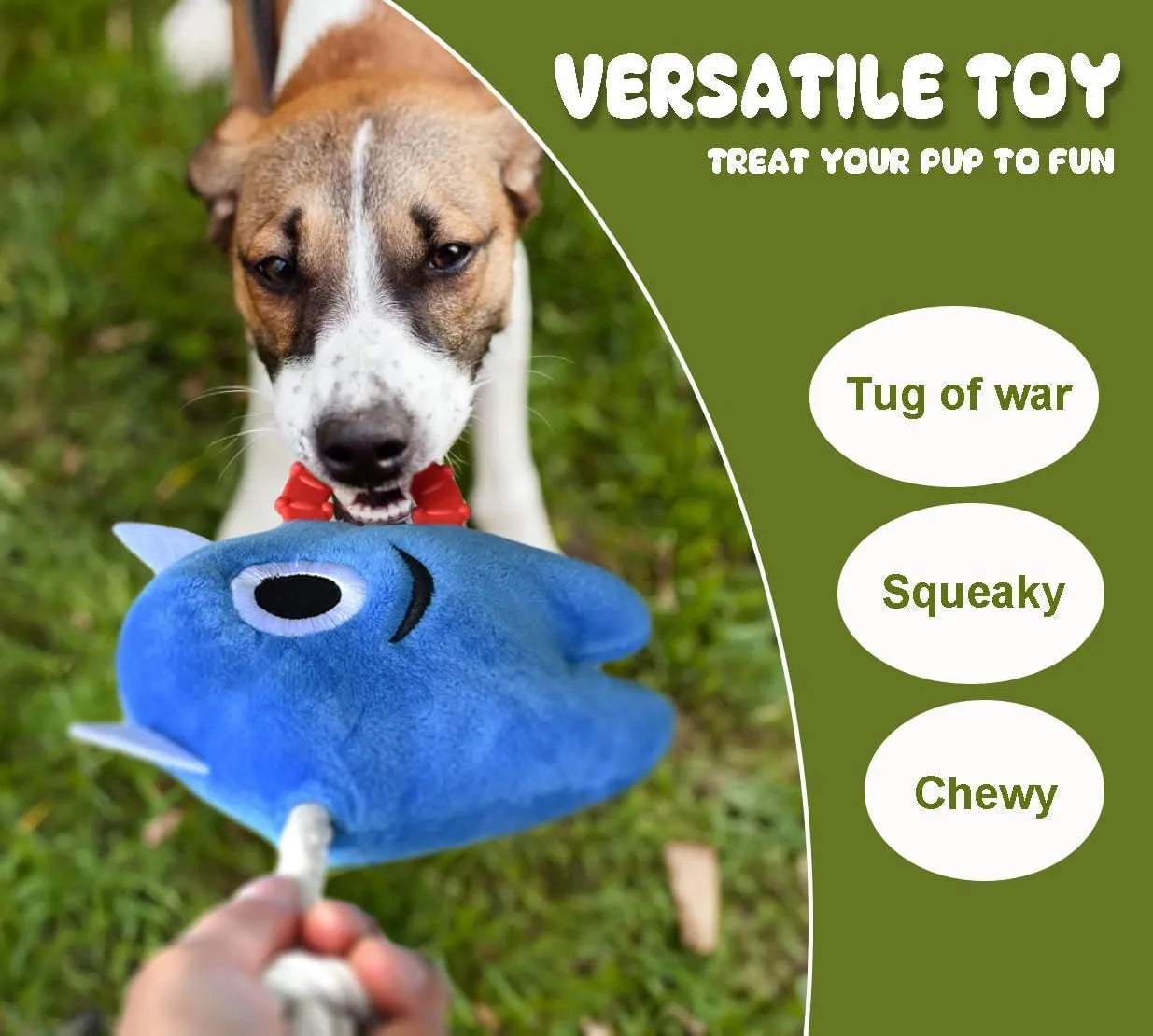 Blue and green plush dog toys with cotton rope segments and squeaker for chewing and tugging