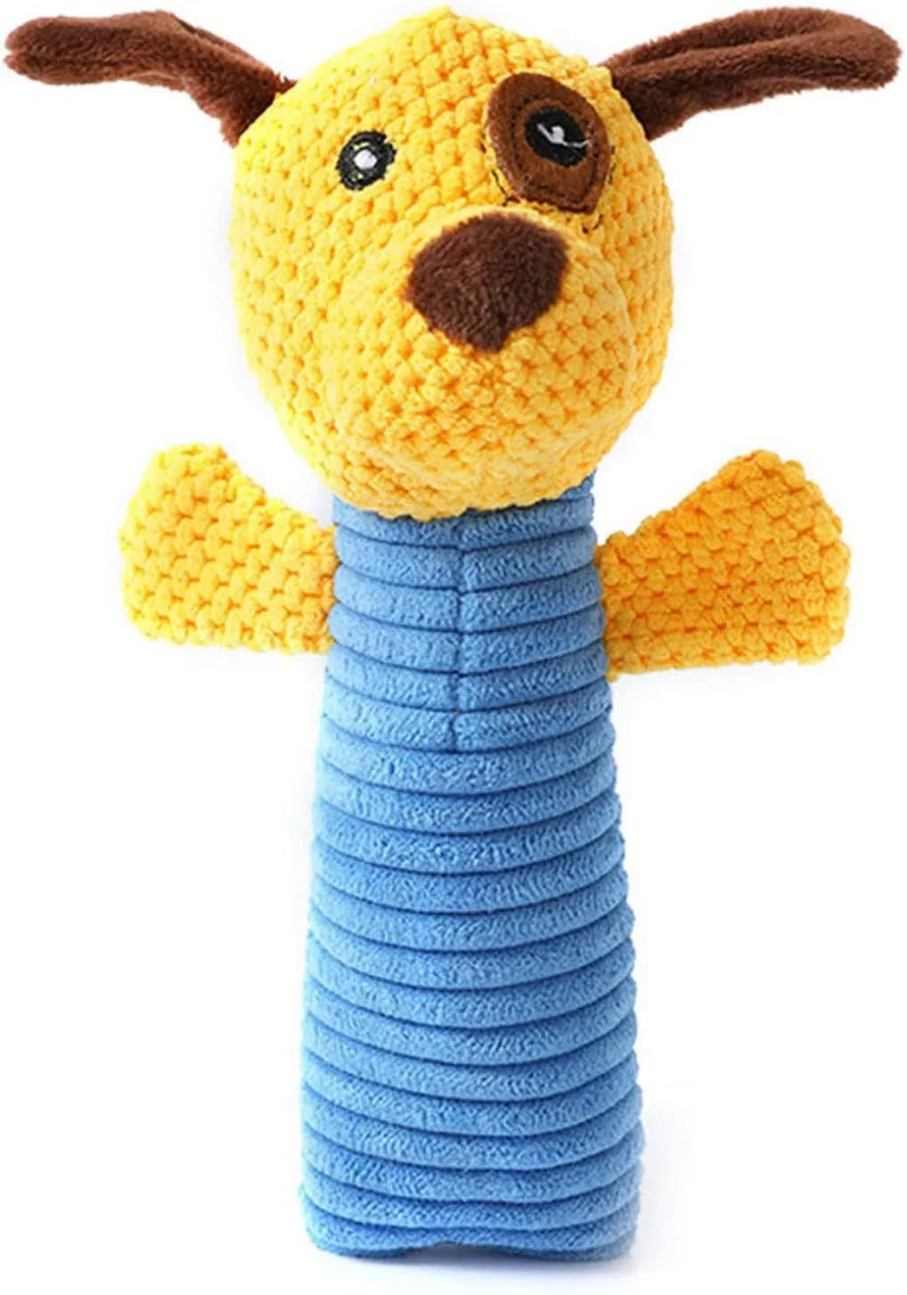 Squeaky stuffed animal dog chew toy in polyester fibre for dental care and chewing relief