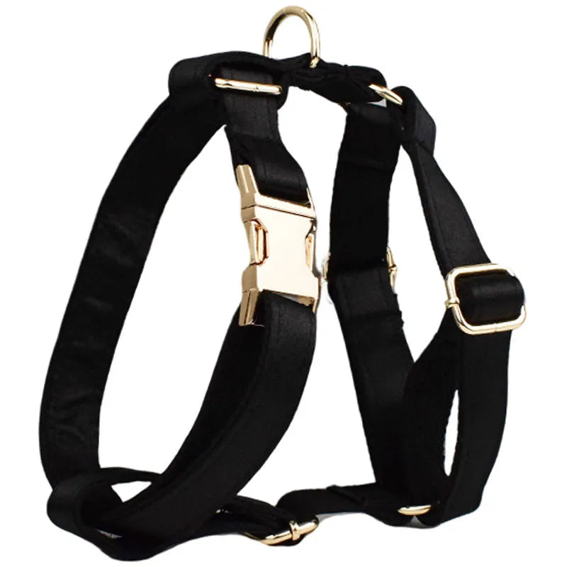 Cloth dog collar and leash set with matching decorative bow and dog vest in various sizes