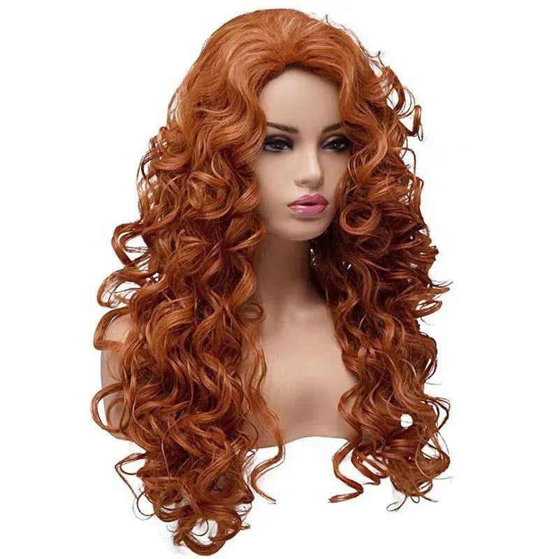 Brown and red long wavy curly wig with instant noodles fluffy texture for Halloween cosplay