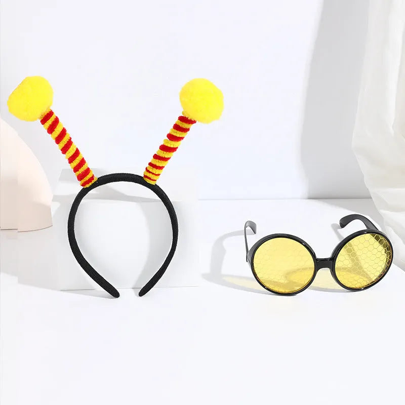 Yellow bee costume headband with matching glasses featuring butterfly and ladybug decorations