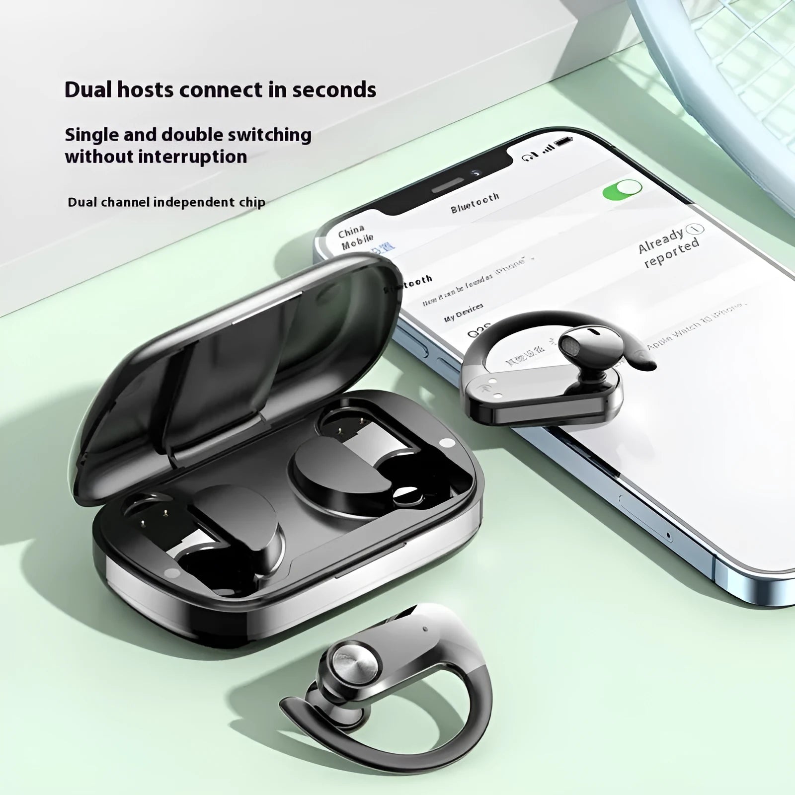 Sports running in-ear headset in black Q2S with ear hook design and digital display
