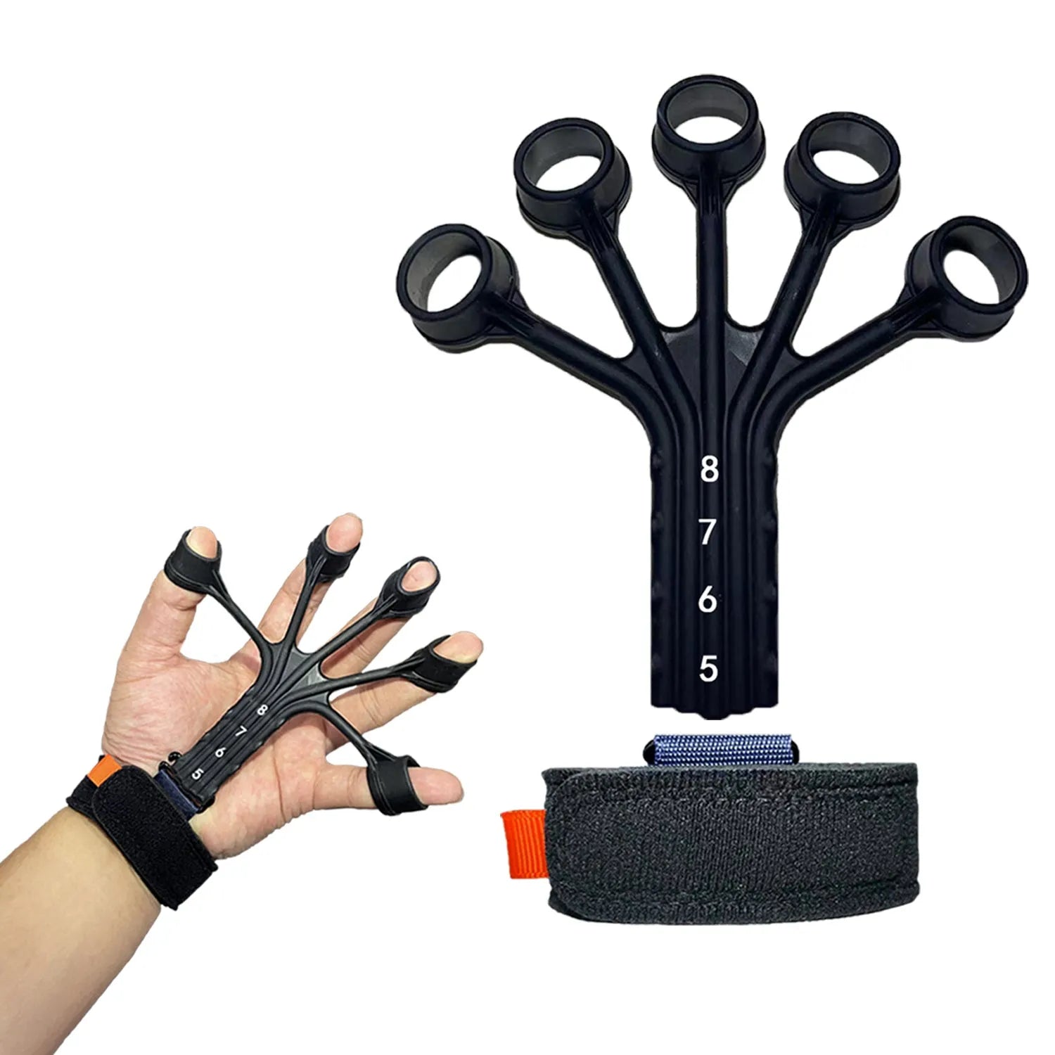 Black silicone finger flexion and extension rehabilitation trainer with adjustable resistance belt