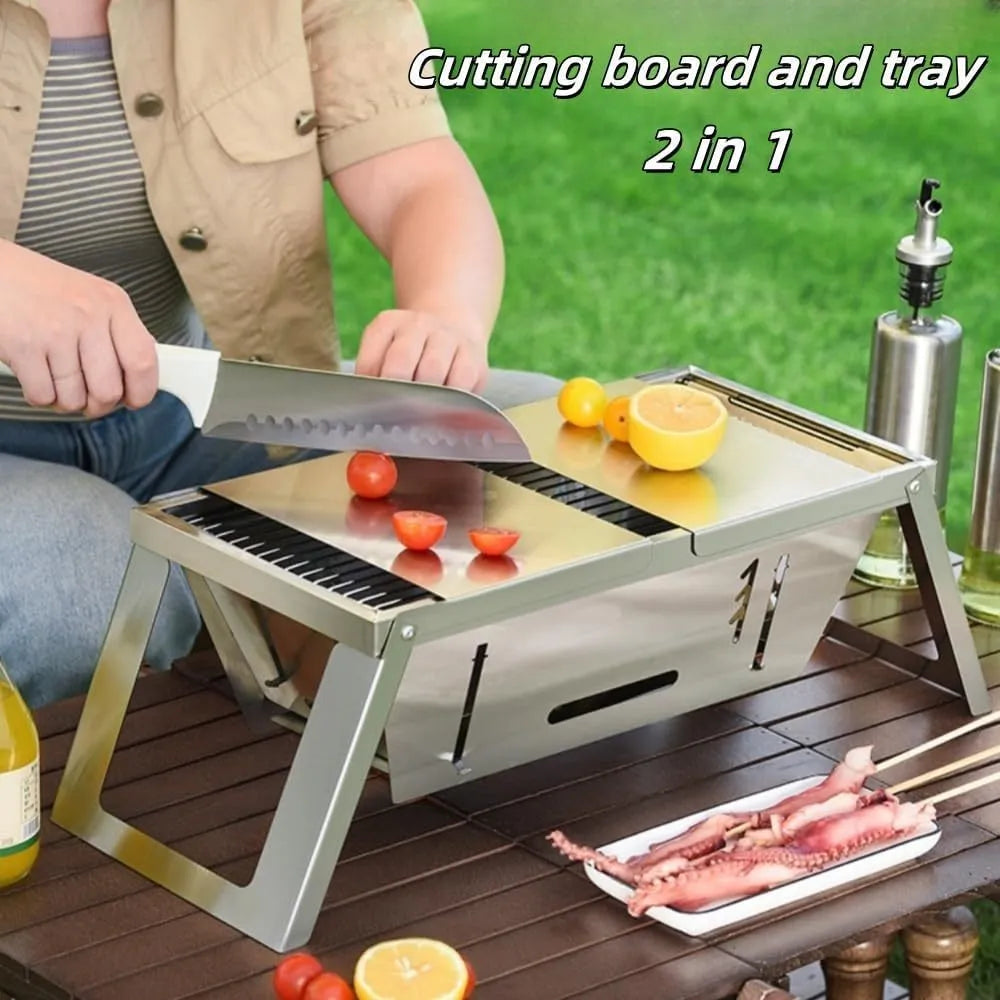 Small foldable portable charcoal grill with 34cm circular cooking surface collapsed for compact storage