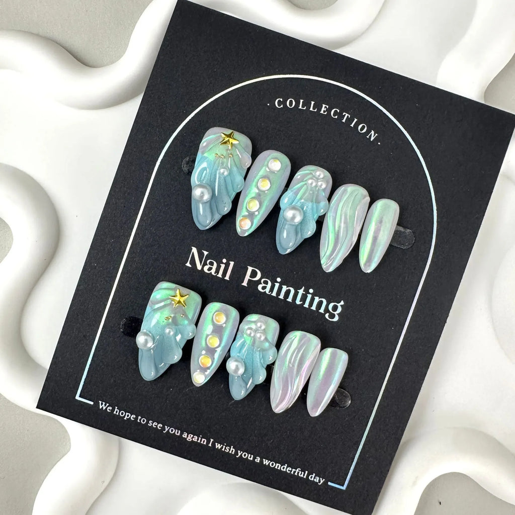 Blue plastic shell nail stickers set with four size options XS S M L