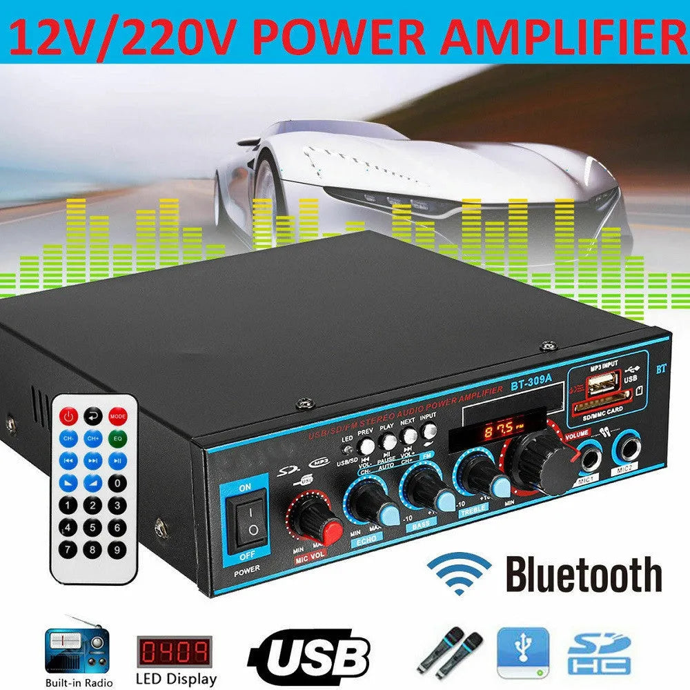 Black recording Bluetooth power amplifier with 50W+50W output for home and car audio systems