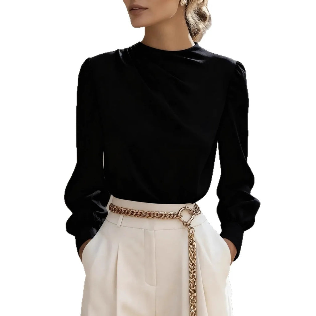Women's pleated high-neck long sleeve lantern sleeve blouse in solid colour polyester, commuting style, black side view