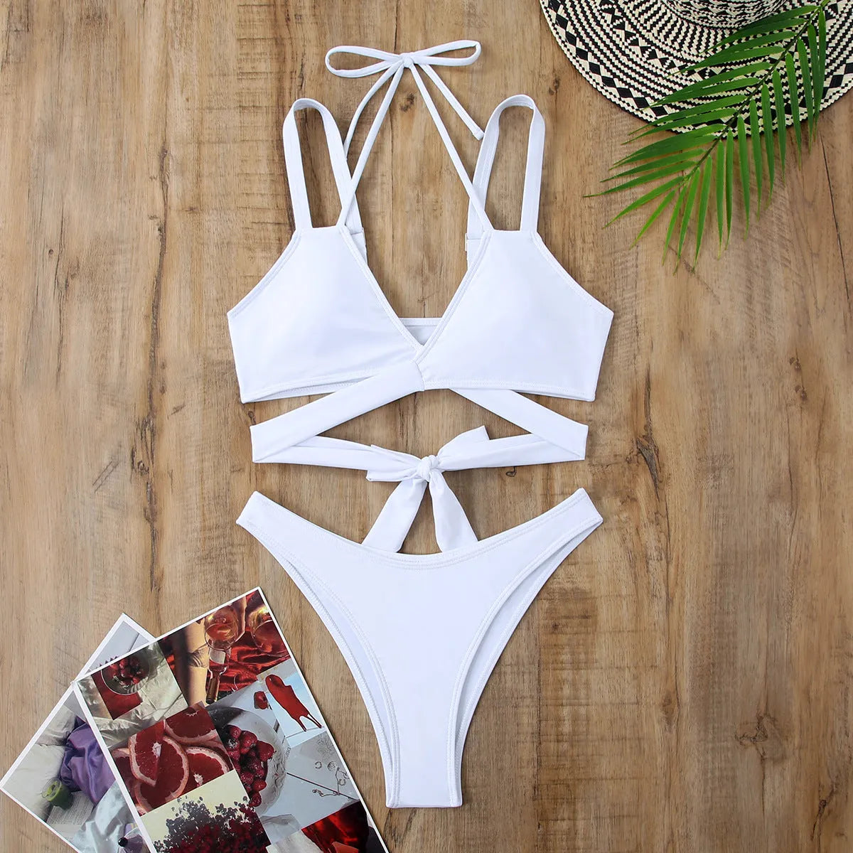 Women's solid colour strap beach bikini swimsuit in black, red, blue, rose red, or white options