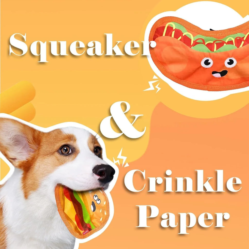 Colourful hamburger-shaped dog chew toy with crinkle and squeak features for interactive play.