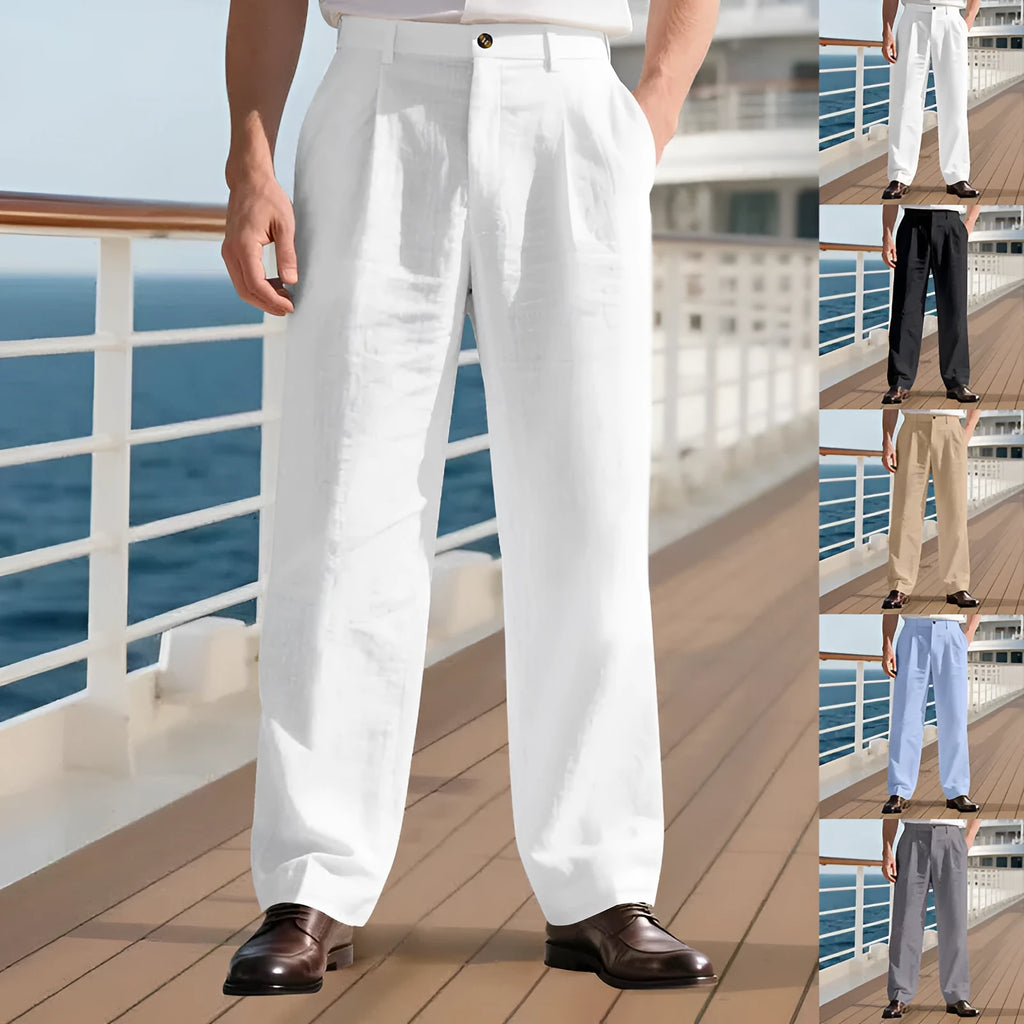 Straight leg linen blend trousers in dark gray on a model, mid-waist, zip placket, loose fit daily wear
