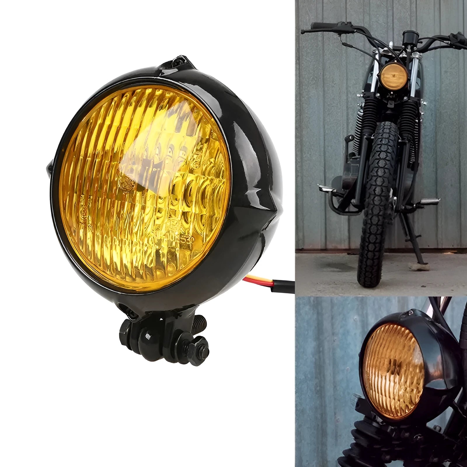 Black retro Harley motorcycle headlight with aluminium housing and glass lens.