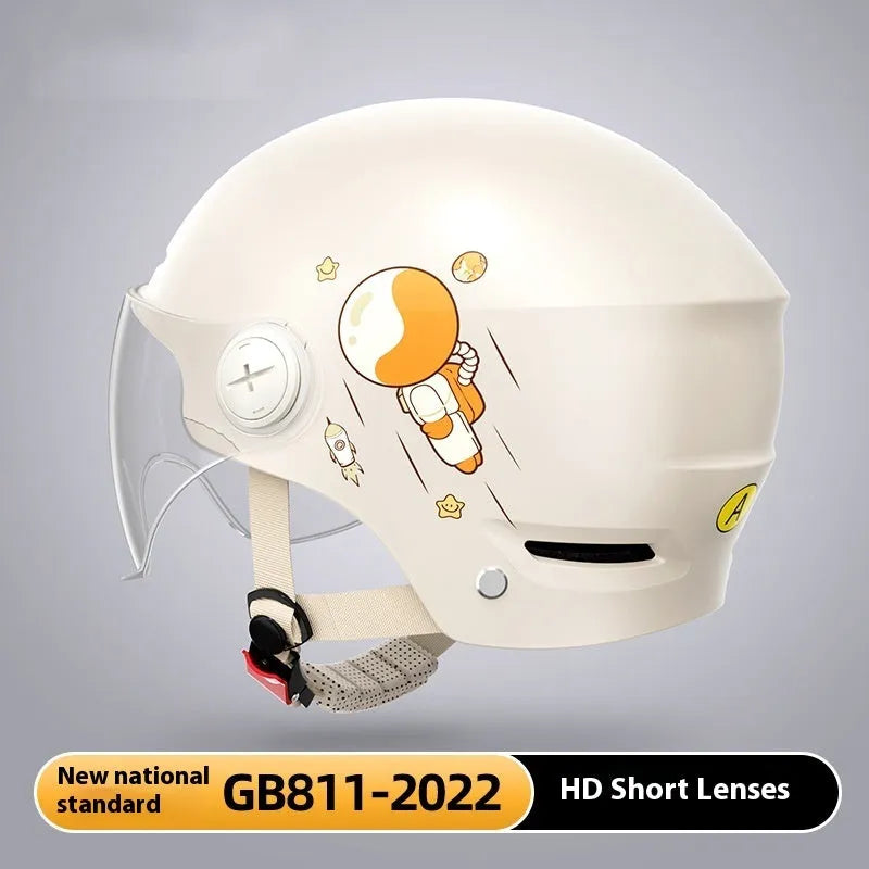 Khaki electric motorcycle half helmet with long visor showing ABS construction and free size fit